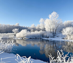 Wall Mural - Winter panorama landscape with a snow-covered forest and trees at sunrise. A winter morning marking the beginning of a new day. Winter landscape with sunset, panoramic view