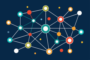 Poster - This artwork features a network of vibrant circular nodes interconnected with lines, symbolizing communication, A minimalist depiction of connectivity and knowledge sharing online