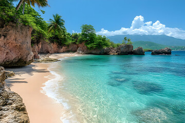  Secluded tropical beach with clear turquoise water, white sand, and palm trees.