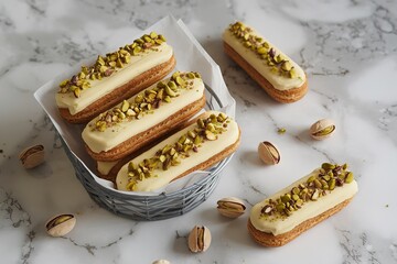 Wall Mural - A photo of sweet eclairs with dry pistachios