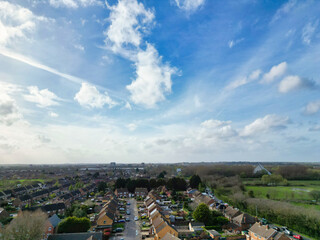 Canvas Print - Aerial View of Bedford City of Bedfordshire, England United Kingdom During Windy and Mostly Cloudy Day. High Angle Footage Was Captured with Drone's Camera on April 5th, 2024 from Medium High Altitude