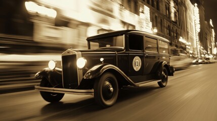 Wall Mural - Vintage car driving on a city street at night.