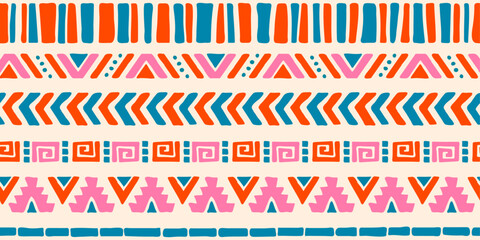Aufkleber - Aztec style - great for textiles, banners, wallpapers, wrapping - vector design. Hand drawn abstract seamless pattern, ethnic background. Pink, blue and orange colors.