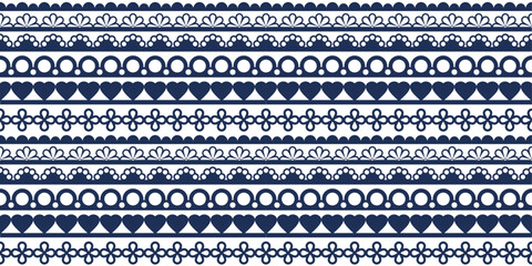 Wall Mural - Ornamental pattern of blue horizontal lines. Lace, hearts, simple repeating pattern.