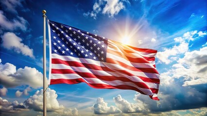 American flag waving in wind background with a sunny day sky and white clouds, patriotic, independence,  patriotic, independence