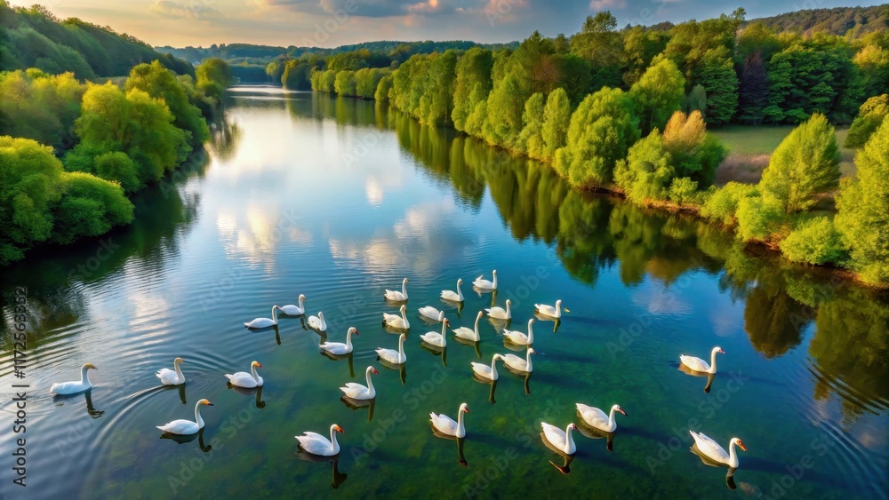 Serene lake scene aerial view with a large flock of swans gliding ...