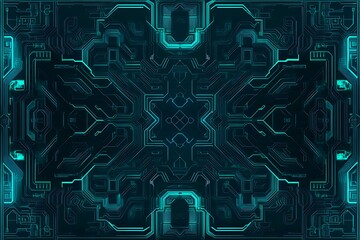 Abstract close-up of a glowing blue digital circuit board, showcasing intricate connections and technological design on a black background.
