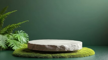Stone product display stand with ferns and moss on green background. Natural concept mockup, template design for natural beauty cosmetics stage scene