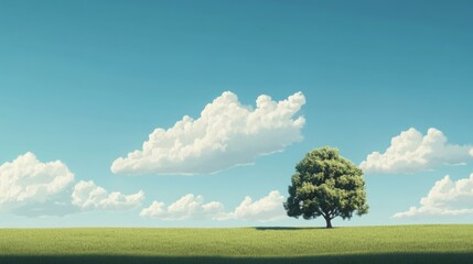 Lone tree on grassy hill under blue sky with fluffy clouds.