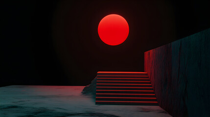 Poster - Glowing red sphere casting dramatic shadows on textured floor, illuminating empty staircase and wall with haunting, otherworldly light in dark interior space