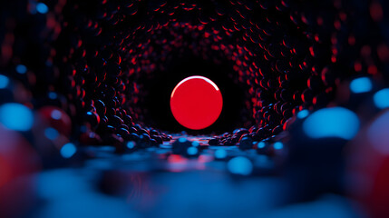 Poster - Red sphere glowing at the end of a dark tunnel formed by small spheres with blue and red light creating a mysterious and futuristic atmosphere with a central composition