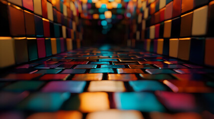 Poster - Reflective corridor tiles stretching forward, generating luminous color patterns and spatial depth, illuminating architectural perspective with glowing intensity