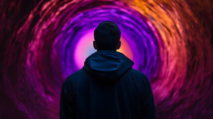 Poster - Hooded male gazing at swirling luminous vortex, representing mysterious spiritual exploration and transcendent energy connection
