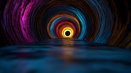 Fototapete - Light at end of colorful swirling tunnel is reflecting on water surface, creating a mesmerizing and surreal atmosphere with vibrant colors and textures