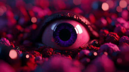 Poster - Massive purple eye rising from vibrant pink purple landscape, bathed in glowing orange and pink illumination, evoking enigmatic surreal dreamscape