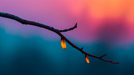 Poster - Silk cocoon suspended on branch, illuminated by golden sunset, radiating ethereal glow against warm, luminous sky backdrop