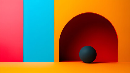 Poster - Minimalist dark sphere resting within bright orange niche, surrounded by soft pink and blue geometric surfaces creating modern visual harmony