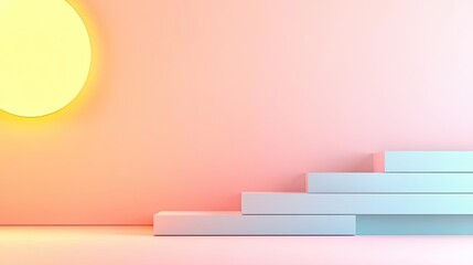 Poster - Pastel abstract background idea. A minimalist scene featuring soft pastel colors and geometric shapes under a glowing sun.