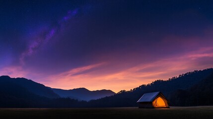 Poster - Illuminated tent in a field under a starry sky and mountains at sunset.