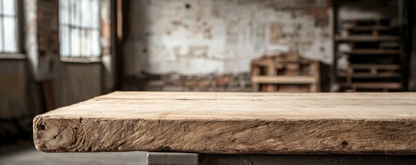 Wall Mural - A rustic wooden tabletop in an industrial setting, showcasing textured grain against a minimalist backdrop of weathered walls.