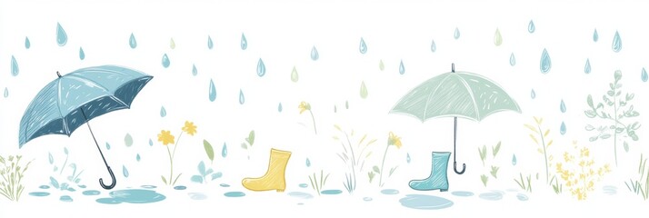 Aufkleber - Playful doodle of umbrellas and rain boots in a cheerful spring setting with flowers and raindrops. Generative AI