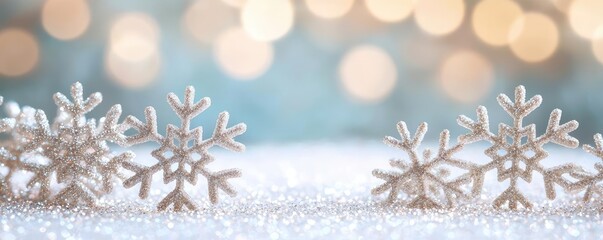 Aufkleber - Glitter abstract background concept. Delicate snowflakes resting on a sparkling surface with soft bokeh lights in the background.