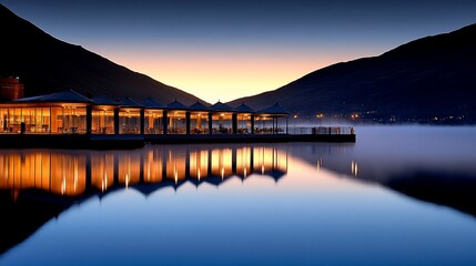 Poster - Illuminated lakeside restaurant at dawn, reflecting in calm water, mountains in background.