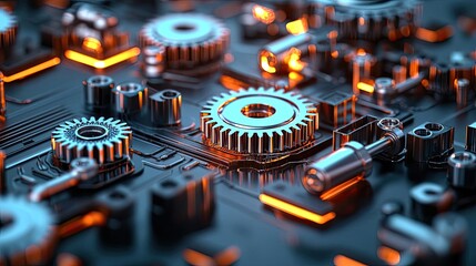 Poster - Metallic abstract background concept. Close-up of intricate gears and circuits illuminated by glowing lights.
