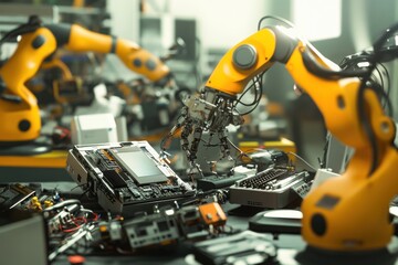 Poster - Industrial robots assemble electronic components in a high-tech workshop