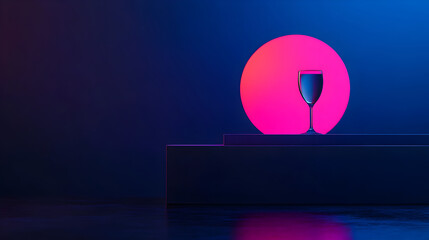 Poster - Glass of wine standing on pedestal with pink circle in background creating a vibrant and surreal atmosphere with neon lights, ideal for showcasing elegance and sophistication