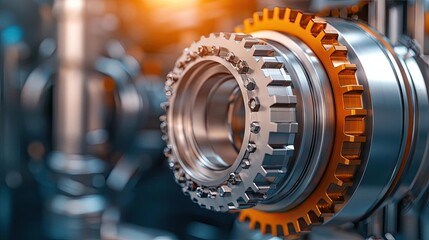 Poster - Metallic abstract background concept. Close-up view of a metallic gear mechanism with intricate details and precision engineering.
