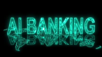 3d AI banking text technology earth map glowing cyan