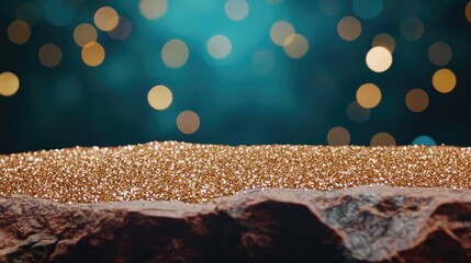 Aufkleber - Glitter abstract background concept. Shimmering golden sand gleams under soft blue bokeh lights, creating a tranquil ambiance.