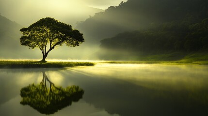 Poster - Solitary tree reflected in calm lake at sunrise, misty mountains in background.