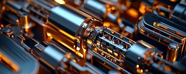 Poster - Metallic abstract background concept. Close-up of metallic pipes and components with glowing accents in a futuristic design.