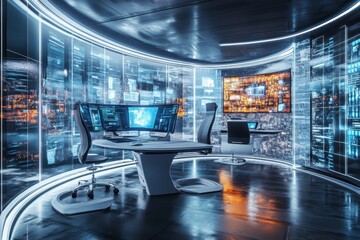 Fototapete - Modern high-tech workspace with multiple screens and digital displays in a futuristic setting