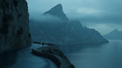 Poster - Solitary figure walking coastal road at dawn, overlooking dramatic mountains and sea.