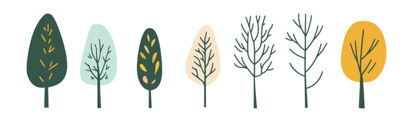 Set of tree and leaf collection hand drawn flat design vector element. botanical set of bare trees and ones with leaves and lush green