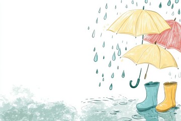 Aufkleber - Colorful umbrellas and boots ready for a rainy day in a playful doodle style. Generative AI
