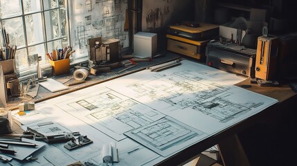 Poster - Architectural Design Plans Spread Out with Tools on a Table Surface