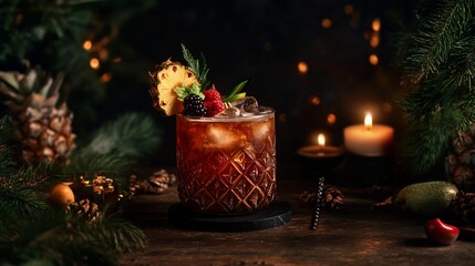 Wall Mural - Festive cocktail with pineapple, berries, and ice in a rocks glass, surrounded by Christmas decorations and candlelight.