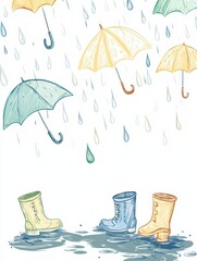 Aufkleber - Colorful doodle of umbrellas and rain boots in a cheerful rainstorm setting that captures playful moments with vibrant elements. Generative AI