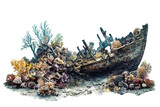 An intricately detailed shipwreck adorned with vibrant coral and marine life, showcasing the beauty of underwater ecosystems.
