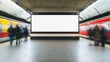 A blank white poster in the center of a London tube station, people passing by moving quickly, a subway train passing behind. --ar 16:9 --style raw --v 6.1 Job ID: 2e6abbf2-5675-426f-b168-bf5b2adc64cd