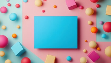 Wall Mural - a blue rectangle in the center of an empty background, surrounded by colorful pastel cubes and spher