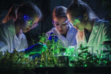 Poster - young scientists conducting experiments with glowing plants in a lab at night