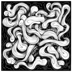Poster - Abstract swirls in doodle style, chaotic yet clean hand-drawn lines, black and white, minimal design energy.