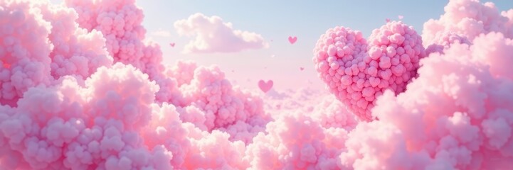 Wall Mural - Fluffy pink heart clouds, cotton candy sky Dreamy, soft background , cloudscape, graphic