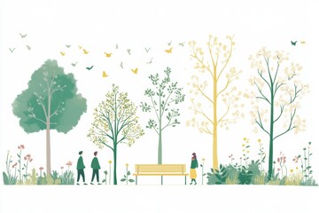 Poster - Playful doodle capturing a serene park setting with trees, flowers, and people enjoying nature in springtime freshness. Generative AI