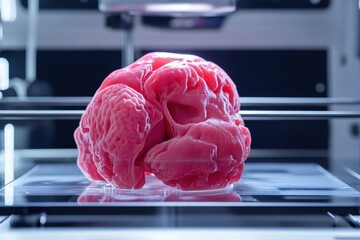 Poster - 3D printing technology shows a detailed model of a human brain in a lab setting